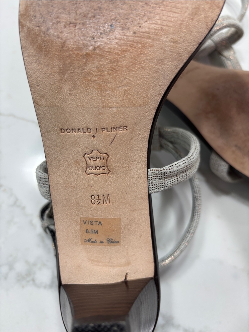 Donald J. Pliner Silver Textured Strappy Mid-Heel Sandals - Picture 12 of 13